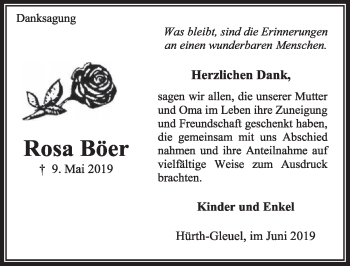 Anzeige von Rosa Böer von  Wochenende 