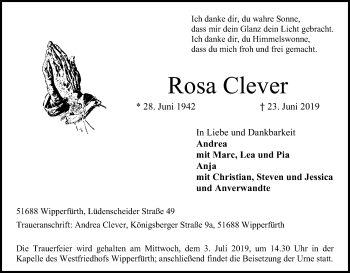 Anzeige von Rosa Clever von Kölner Stadt-Anzeiger / Kölnische Rundschau / Express