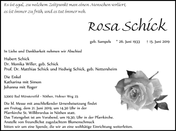 Anzeige von Rosa Schick von Kölner Stadt-Anzeiger / Kölnische Rundschau / Express