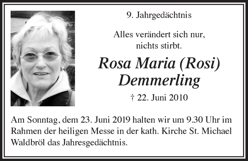  Traueranzeige für Rosa Maria Demmerling vom 19.06.2019 aus  Lokalanzeiger 