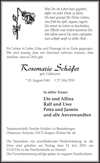 Anzeige von Rosemarie Schäfer von  Sonntags-Post 