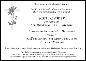 Anzeige von Rosi Krämer von Kölner Stadt-Anzeiger / Kölnische Rundschau / Express