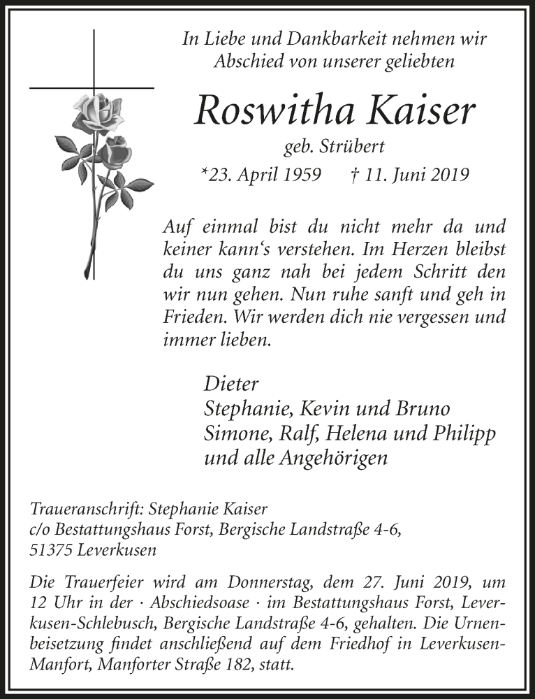  Traueranzeige für Roswitha Kaiser vom 22.06.2019 aus  Leverkusener Wochenende 