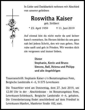 Anzeige von Roswitha Kaiser von Kölner Stadt-Anzeiger / Kölnische Rundschau / Express