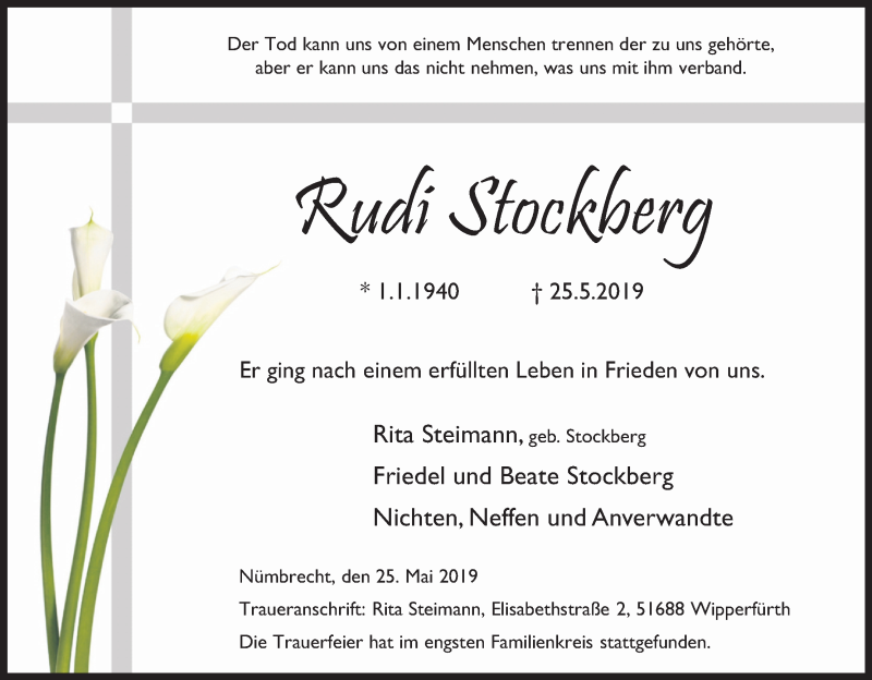  Traueranzeige für Rudi Stockberg vom 08.06.2019 aus Kölner Stadt-Anzeiger / Kölnische Rundschau / Express