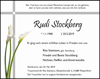 Anzeige von Rudi Stockberg von  Anzeigen Echo  Lokalanzeiger 