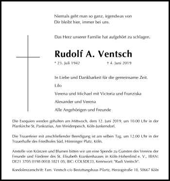 Anzeige von Rudolf A. Ventsch von Kölner Stadt-Anzeiger / Kölnische Rundschau / Express