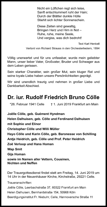 Anzeige von Rudolf Friedrich Bruno  Cölle von Kölner Stadt-Anzeiger / Kölnische Rundschau / Express