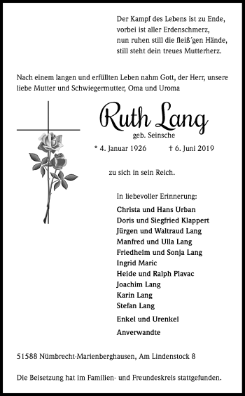 Anzeige von Ruth Lang von Kölner Stadt-Anzeiger / Kölnische Rundschau / Express