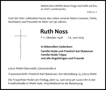 Anzeige von Ruth Noss von Kölner Stadt-Anzeiger / Kölnische Rundschau / Express