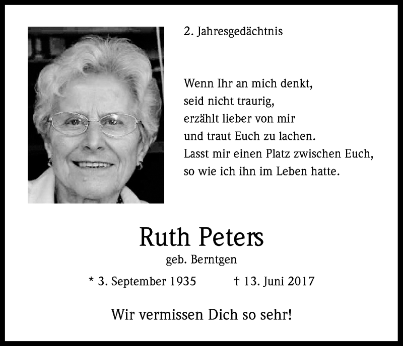  Traueranzeige für Ruth Peters vom 08.06.2019 aus Kölner Stadt-Anzeiger / Kölnische Rundschau / Express