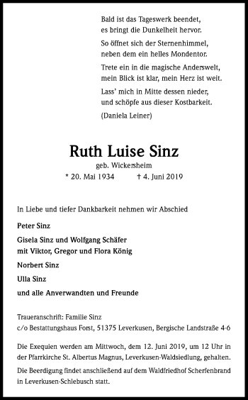 Anzeige von Ruth Luise Sinz von Kölner Stadt-Anzeiger / Kölnische Rundschau / Express