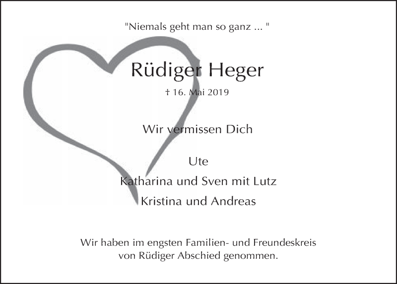  Traueranzeige für Rüdiger Heger vom 19.06.2019 aus  Werbepost 