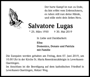 Anzeige von Salvatore Lugas von Kölner Stadt-Anzeiger / Kölnische Rundschau / Express