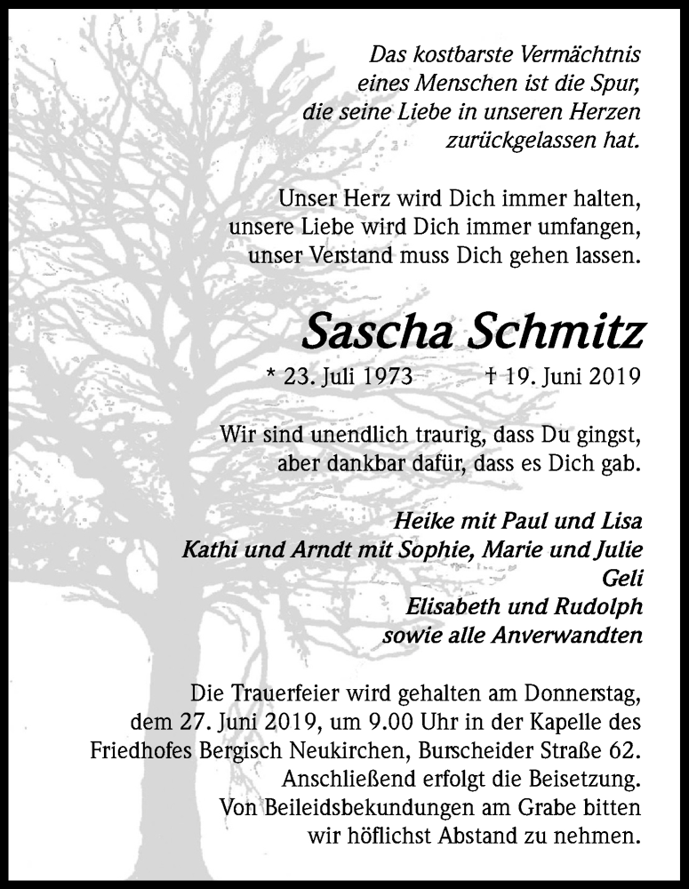  Traueranzeige für Sascha Schmitz vom 25.06.2019 aus Kölner Stadt-Anzeiger / Kölnische Rundschau / Express