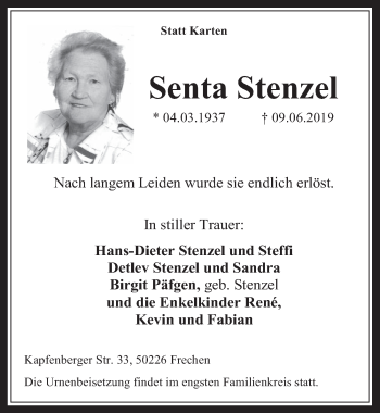 Anzeige von Senta Stenzel von  Wochenende 