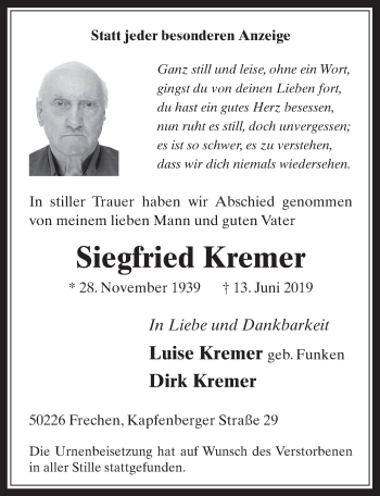 Anzeige von Siegfried Kremer von  Wochenende 
