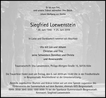 Anzeige von Siegfried Loewenstein von Kölner Stadt-Anzeiger / Kölnische Rundschau / Express