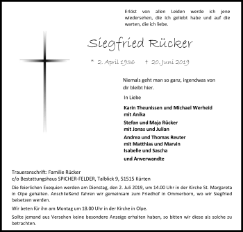 Anzeige von Siegfried Rücker von Kölner Stadt-Anzeiger / Kölnische Rundschau / Express
