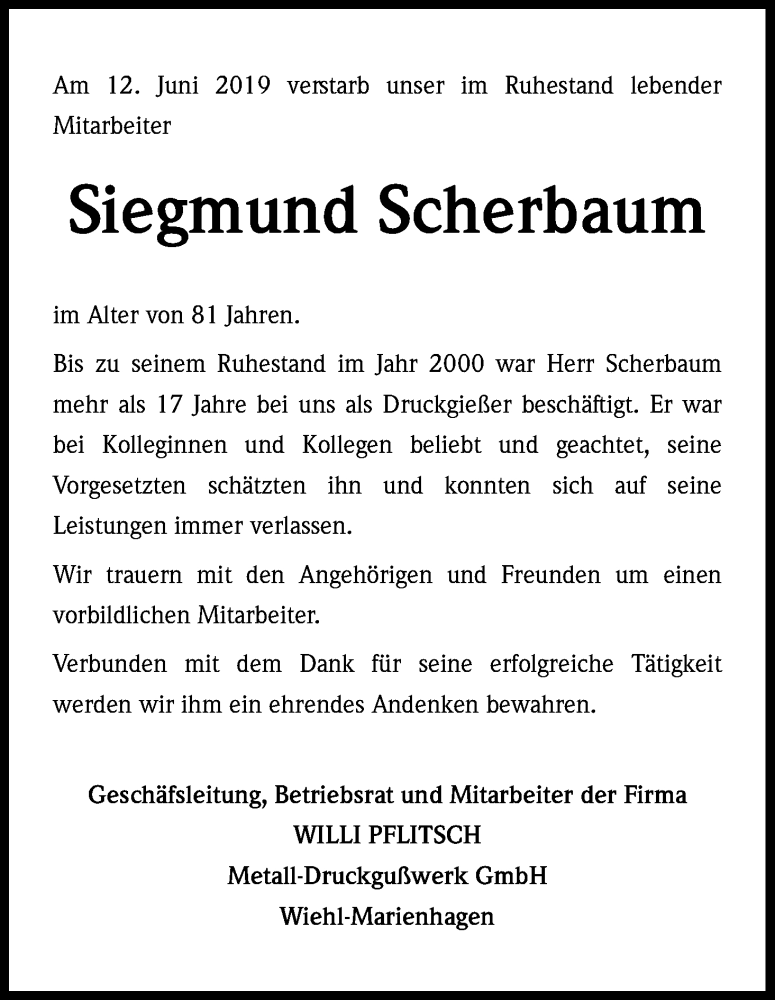  Traueranzeige für Siegmund Scherbaum vom 26.06.2019 aus Kölner Stadt-Anzeiger / Kölnische Rundschau / Express