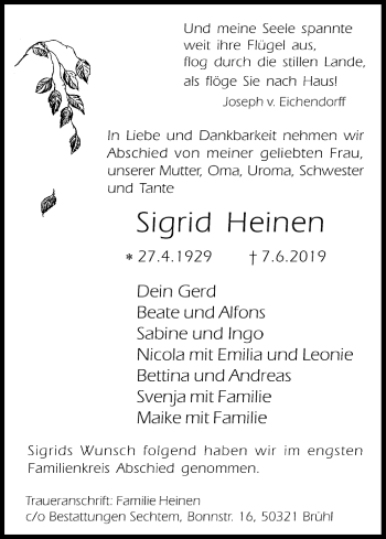 Anzeige von Sigrid Heinen von Kölner Stadt-Anzeiger / Kölnische Rundschau / Express