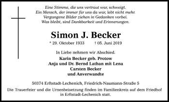 Anzeige von Simon J. Becker von Kölner Stadt-Anzeiger / Kölnische Rundschau / Express