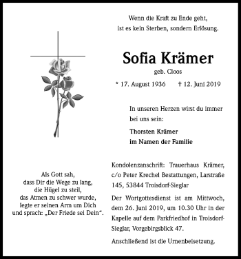 Anzeige von Sofia Krämer von Kölner Stadt-Anzeiger / Kölnische Rundschau / Express