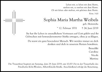 Anzeige von Sophia Maria Martha Weibels von Kölner Stadt-Anzeiger / Kölnische Rundschau / Express