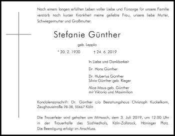 Anzeige von Stefanie Günther von Kölner Stadt-Anzeiger / Kölnische Rundschau / Express
