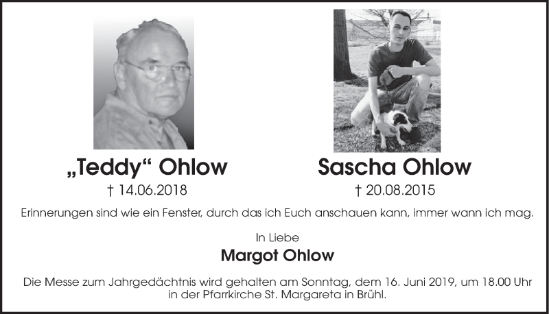  Traueranzeige für Teddy Ohlow vom 12.06.2019 aus  Schlossbote/Werbekurier 