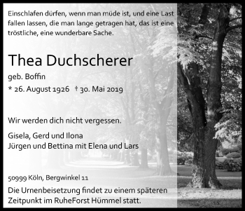 Anzeige von Thea Duchscherer von Kölner Stadt-Anzeiger / Kölnische Rundschau / Express