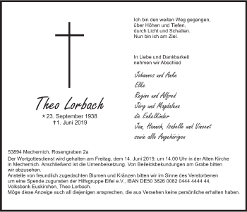 Anzeige von Theo Lorbach von  Blickpunkt Euskirchen 
