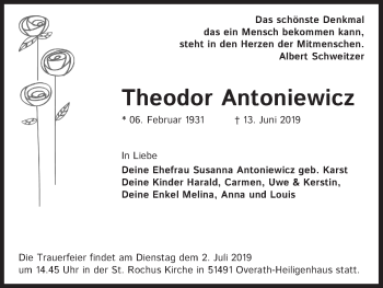 Anzeige von Theodor Antoniewicz von Kölner Stadt-Anzeiger / Kölnische Rundschau / Express