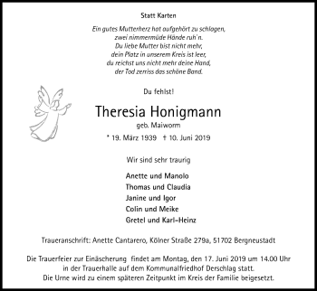 Anzeige von Theresia Honigmann von Kölner Stadt-Anzeiger / Kölnische Rundschau / Express