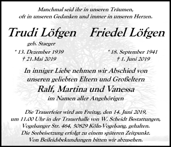 Anzeige von Trudi Löfgen von Kölner Stadt-Anzeiger / Kölnische Rundschau / Express