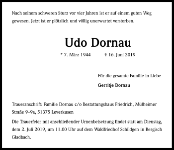 Anzeige von Udo Dornau von Kölner Stadt-Anzeiger / Kölnische Rundschau / Express
