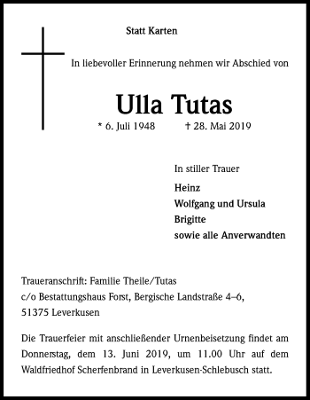 Anzeige von Ulla Tutas von Kölner Stadt-Anzeiger / Kölnische Rundschau / Express