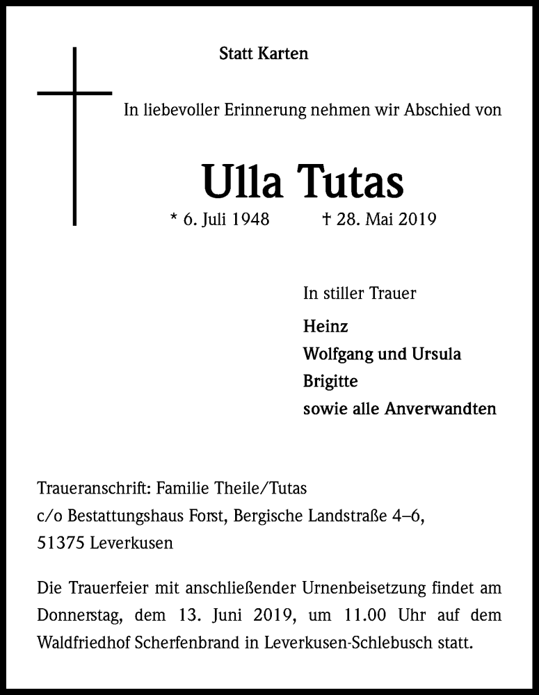  Traueranzeige für Ulla Tutas vom 05.06.2019 aus Kölner Stadt-Anzeiger / Kölnische Rundschau / Express