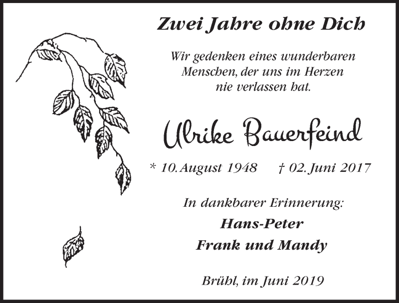  Traueranzeige für Ulrike Bauerfeind vom 05.06.2019 aus  Schlossbote/Werbekurier 