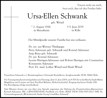 Anzeige von Ursa-Ellen Schwank von Kölner Stadt-Anzeiger / Kölnische Rundschau / Express