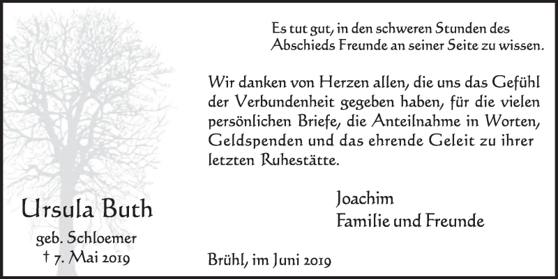 Traueranzeige für Ursula Buth vom 12.06.2019 aus  Schlossbote/Werbekurier 