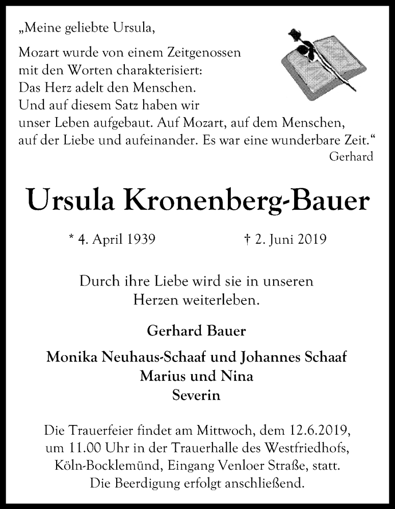  Traueranzeige für Ursula Kronenberg-Bauer vom 08.06.2019 aus Kölner Stadt-Anzeiger / Kölnische Rundschau / Express