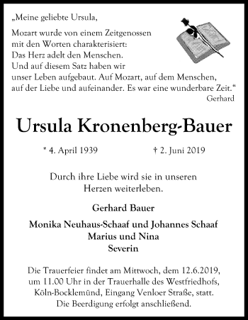 Anzeige von Ursula Kronenberg-Bauer von Kölner Stadt-Anzeiger / Kölnische Rundschau / Express