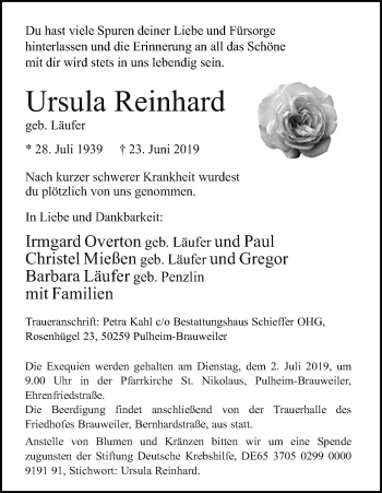 Anzeige von Ursula Reinhard von Kölner Stadt-Anzeiger / Kölnische Rundschau / Express