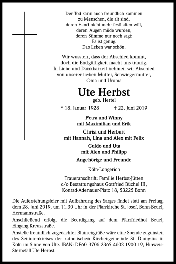 Anzeige von Ute Herbst von Kölner Stadt-Anzeiger / Kölnische Rundschau / Express