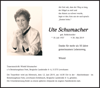 Anzeige von Ute Schumacher von Kölner Stadt-Anzeiger / Kölnische Rundschau / Express