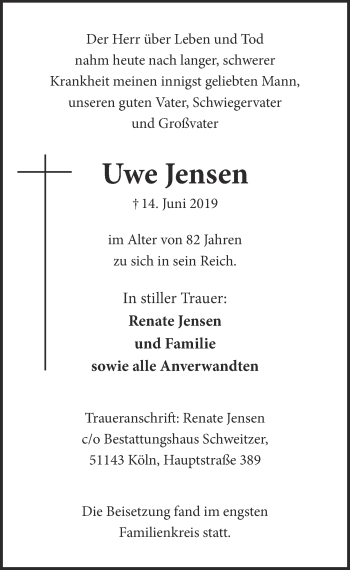 Anzeige von Uwe Jensen von  Kölner Wochenspiegel 