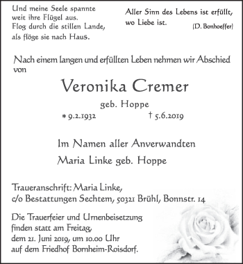 Anzeige von Veronika Cremer von  Schaufenster/Blickpunkt 