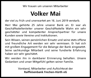 Anzeige von Volker Mai von Kölner Stadt-Anzeiger / Kölnische Rundschau / Express