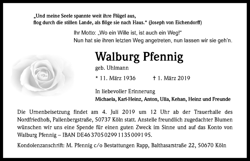  Traueranzeige für Walburg Pfennig vom 29.06.2019 aus Kölner Stadt-Anzeiger / Kölnische Rundschau / Express